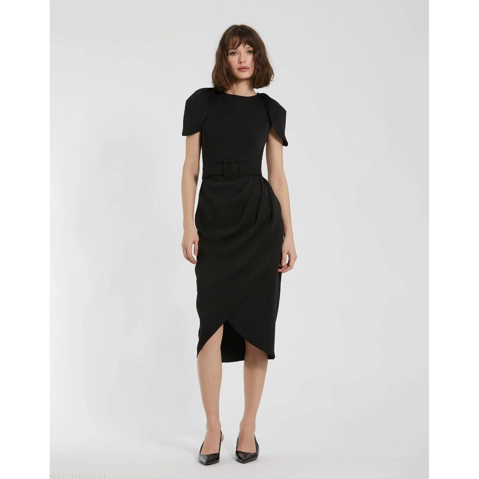 Mac Duggal Black Cap Sleeve Midi Dress Evening Formal Size 10 *Belt Not Included